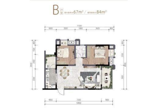 B户型套内67㎡户型， 2室2厅1卫1厨， 建筑面积约84.00平米