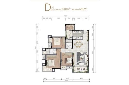 D户型套内100㎡户型， 3室2厅2卫1厨， 建筑面积约126.00平米