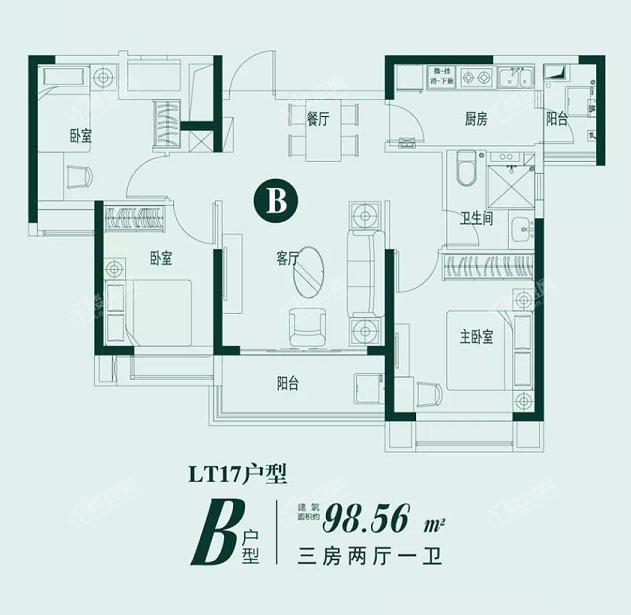 B户型3室2厅1卫98平