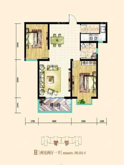 B户型2室2厅1卫90平