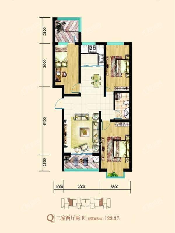 Q户型3室2厅2卫123平