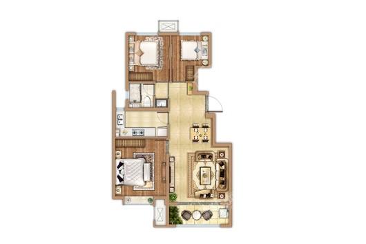 红星天铂湾小高洋房标准层98㎡户型 3室2厅1卫1厨