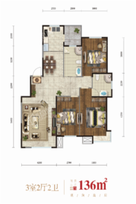 浑河城136平户型 3室2厅2卫1厨