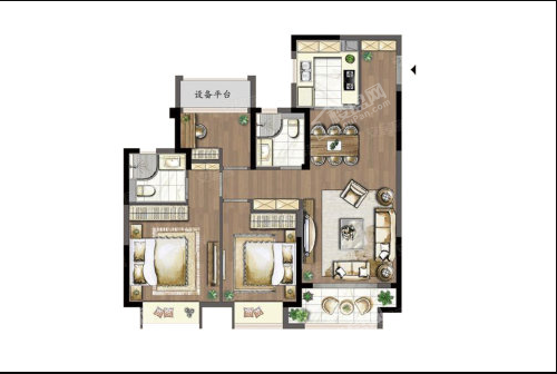 C2户型， 3室2厅2卫1厨， 建筑面积约108.00平米