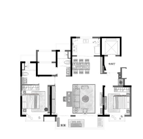 E户型 4室2厅2卫0厨 建筑面积约125.00平米