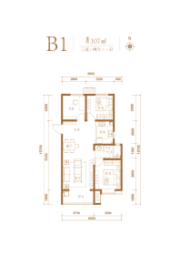 三室两厅一卫107㎡户型