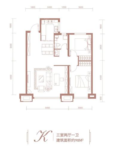 星云雅居-K户型-98平米-三室两厅一卫