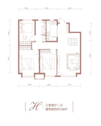 星云雅居H户型-108平米-三室两厅一卫