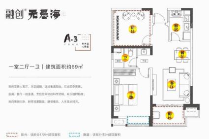 A-3户型-一室二厅一卫-建筑面积约69m²