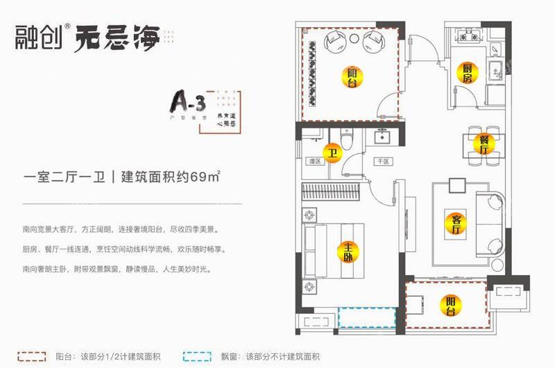 A-3户型-一室二厅一卫-建筑面积约69m²