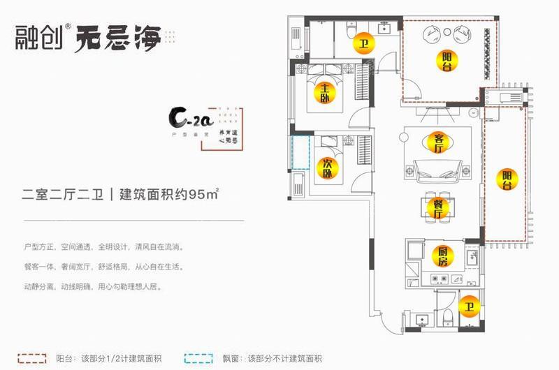 C-2a户型 二室二厅二卫 建筑面积约95m²