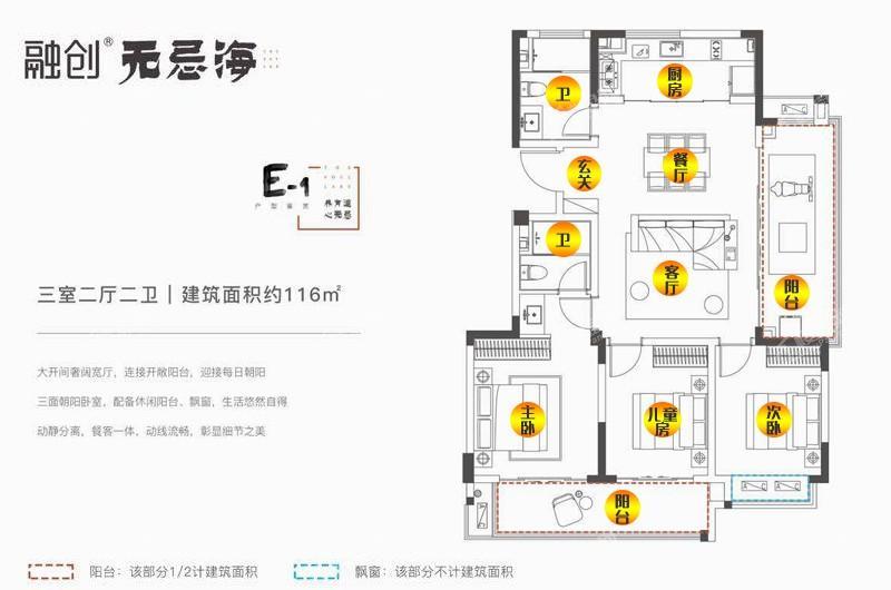 E-1户型 三室二厅二卫 建筑面积约116m²