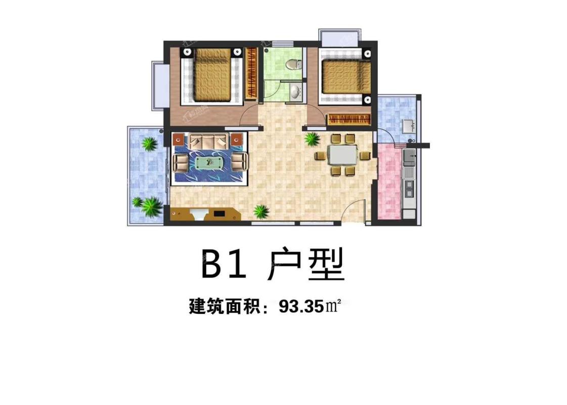 B1户型 两房两厅一卫 93.35㎡