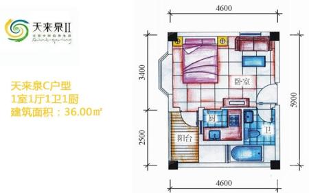 C户型 1室1厅1卫1厨  建筑面积36.00㎡