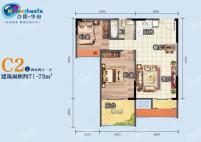 C2户型 2房2厅1厨1卫 71-73㎡