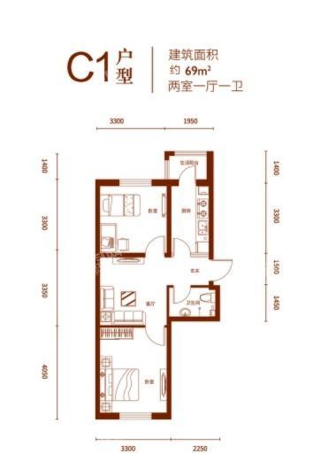 融创公园壹号C1户型 2室1厅1卫1厨