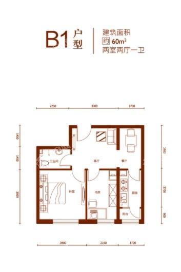 融创公园壹号B1户型 2室2厅1卫1厨