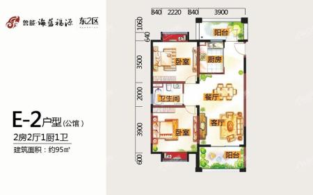 东2区E-2户型 2房2厅1厨1卫95㎡