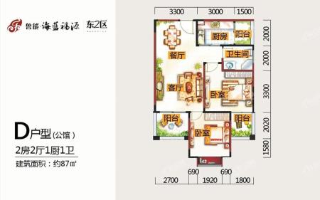 东2区D户型 2房2厅1厨1卫87㎡