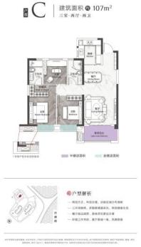 澜御府建面约107平米C户型 3室2厅2卫1厨