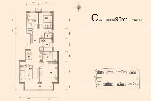 金地·都会风华C户型 3室2厅2卫1厨