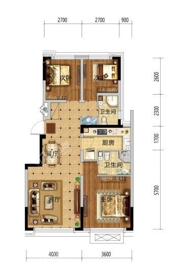 中天东君府96平米户型图 3室2厅2卫1厨