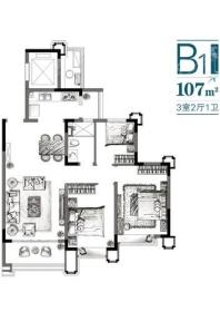 安吉恒大林溪竹语B1户型 3室2厅1卫1厨