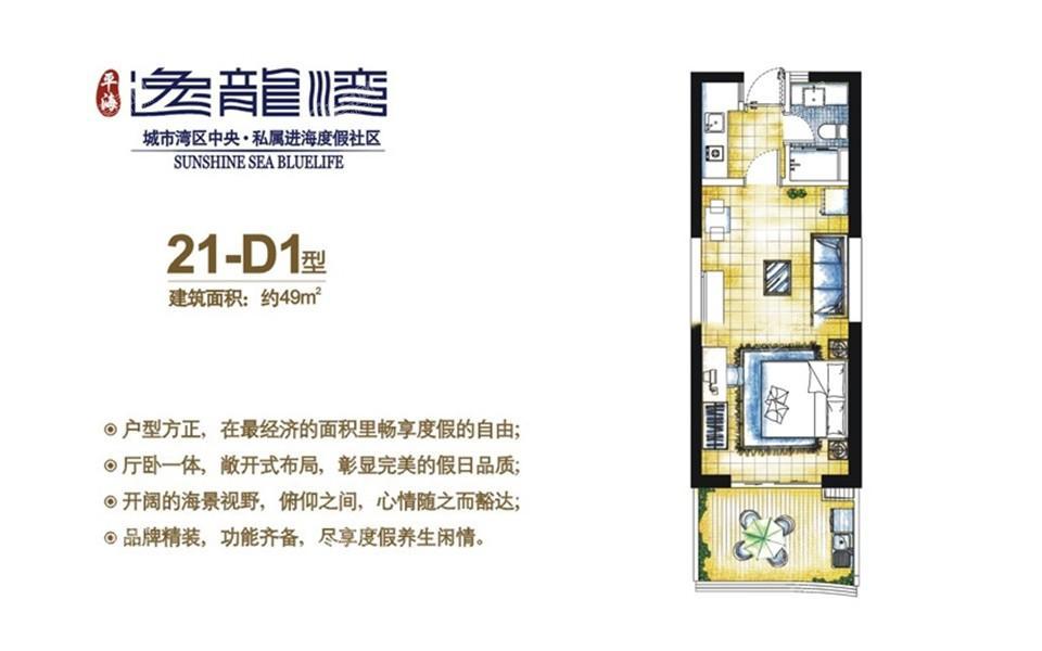 21-D1户型 1房2厅1厨1卫 49㎡