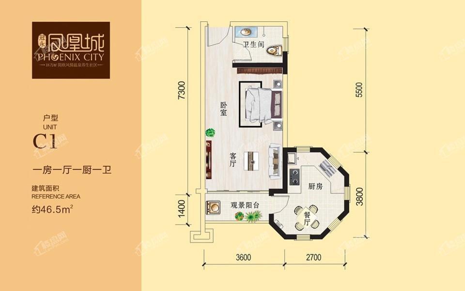 冠永·凤凰城一期C1户型图 1室1厅1卫1厨46.5㎡