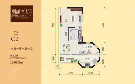 冠永·凤凰城一期C2户型图 1室1厅1卫1厨46.5㎡