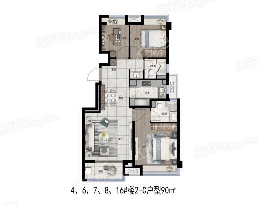 卓越华润玲珑悦府4/6/7/8/16#2-C户型90平 3室2厅2卫1厨