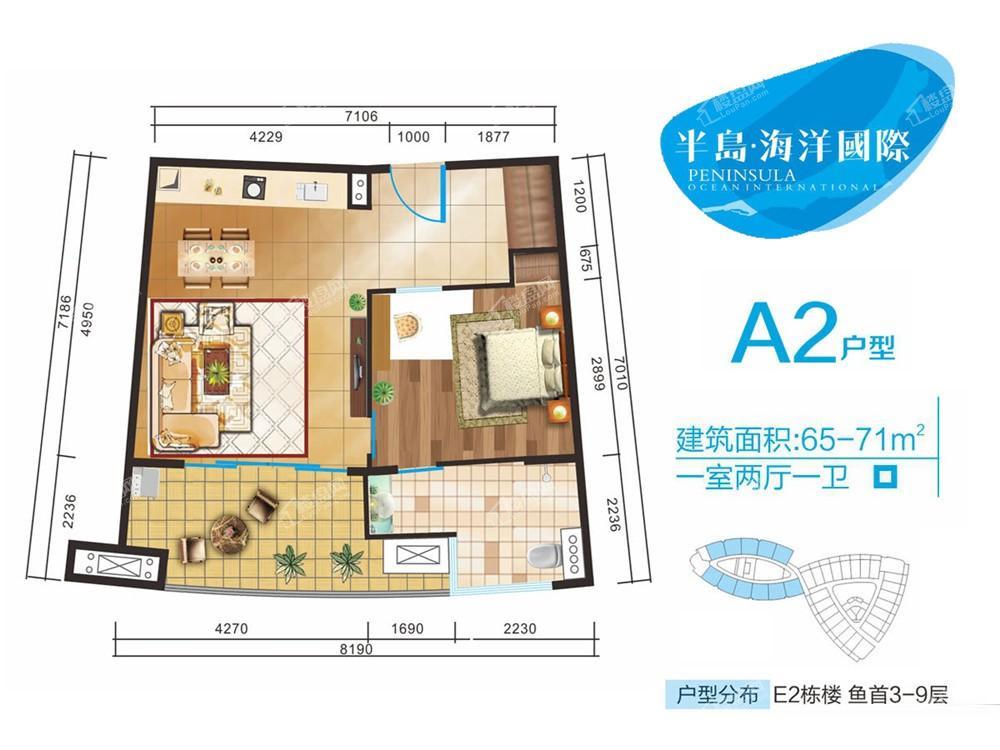 半岛海洋国际A2户型一室两厅一卫 建筑面积65—71㎡