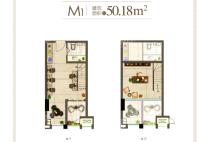 吾悦广场M公寓M1户型50.18平米 1室1厅1卫