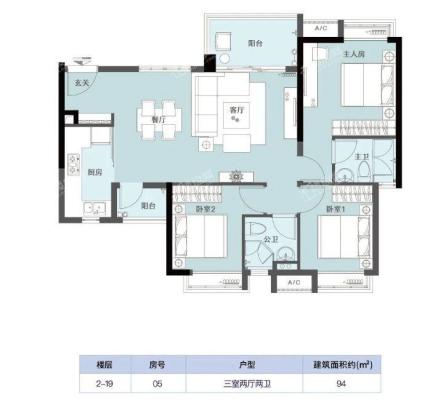 星光喜寓1/2栋2-19层05户型3房2厅2卫94㎡