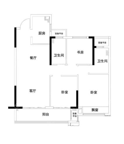 建面约100㎡三室两厅两卫D户型