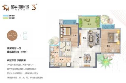 3期B3户型 2房2厅1厨1卫 84㎡