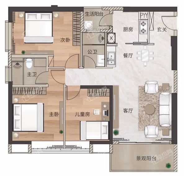 紫马天赋1单元06户型3房2厅2卫134㎡