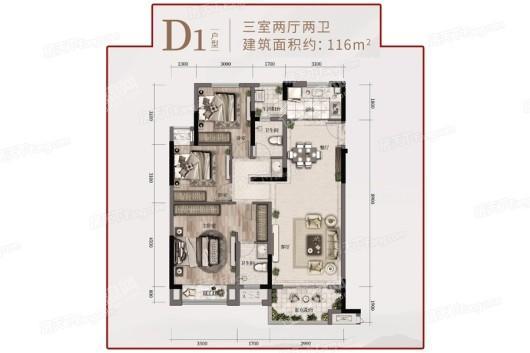 天地源水墨江山D1户型 3室2厅2卫1厨