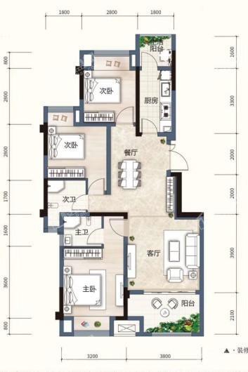 洋房A户型 3室2厅2卫1厨 建面约94平米