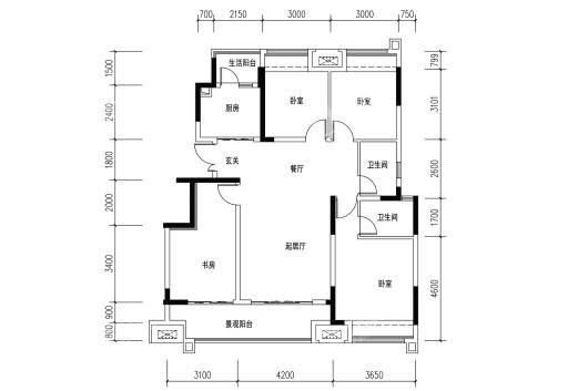 两岸风华洋房D户型 4室2厅2卫 建面约123.85平米