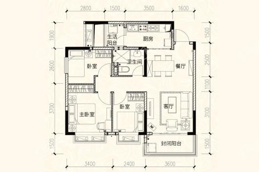 恒大绿岛新城8号楼F户型 3室2厅1卫1厨