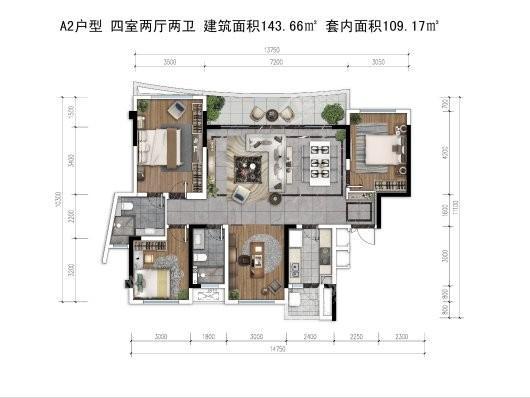 弘阳天宸一品1号楼 A2户型 4室2厅2卫1厨