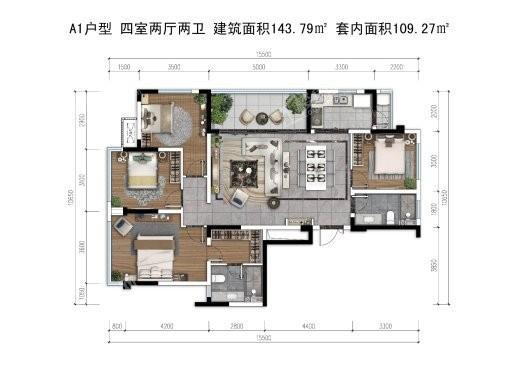 弘阳天宸一品1号楼 A1户型 4室2厅2卫1厨