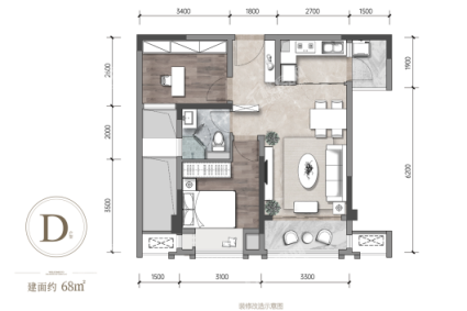 龙湖嘉天下揽城阔景高层D户型 2室2厅1卫  建面约68平米