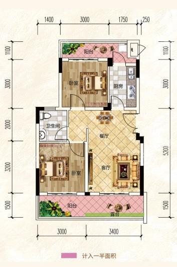 石柱·兴茂国际康养旅游度假区T2-A1一层户型 2室2厅1卫1厨