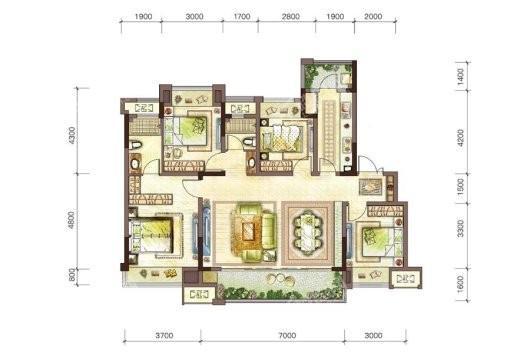 蓝光雍锦府D1户型建面约129平 4室2厅2卫1厨