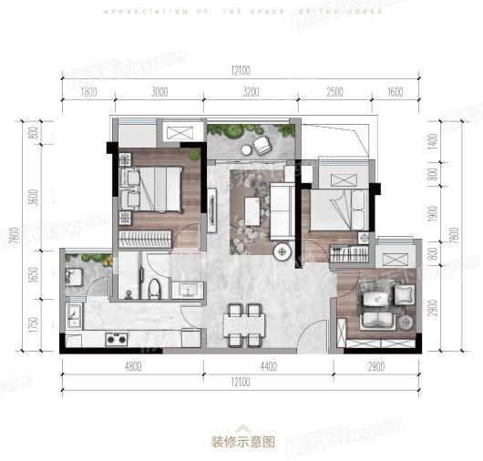 融创·金弈时代北1#C户型 2室2厅1卫1厨