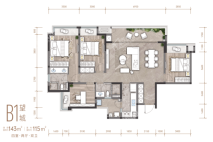 B1套内115㎡户型， 4室2厅2卫1厨， 建筑面积约143.00平米