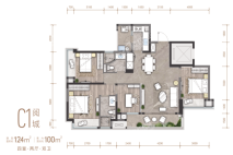 C1套内100㎡户型， 4室2厅2卫1厨， 建筑面积约124.00平米