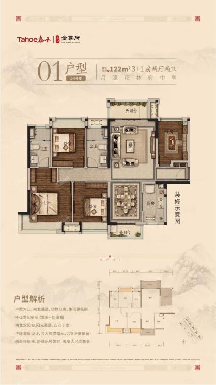 泰禾金尊府1-6号楼01户型3+1房2厅2卫122㎡